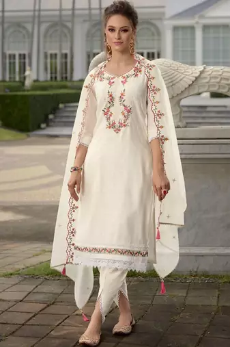 Floral Yoke Design Thread Work Straight Kurta With Dhoti Pants & Dupatta