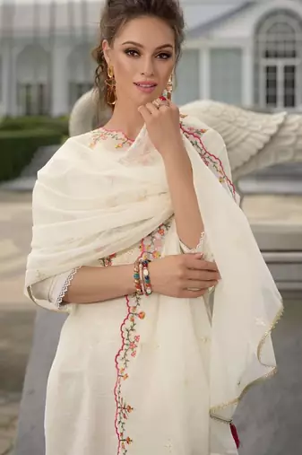 Floral Yoke Design Thread Work Straight Kurta With Dhoti Pants & Dupatta