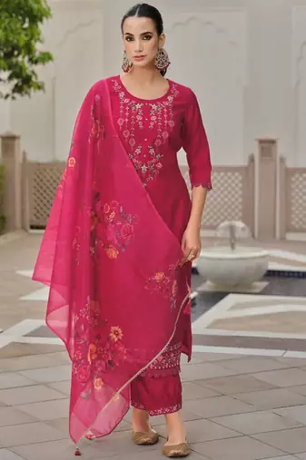 Floral Embroidered Thread Work Straight Kurta With Trousers And Dupatta