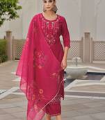 Floral Embroidered Thread Work Straight Kurta With Trousers And Dupatta