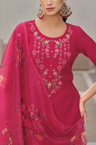 Floral Embroidered Thread Work Straight Kurta With Trousers And Dupatta