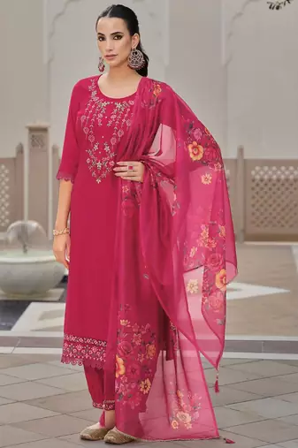 Floral Embroidered Thread Work Straight Kurta With Trousers And Dupatta