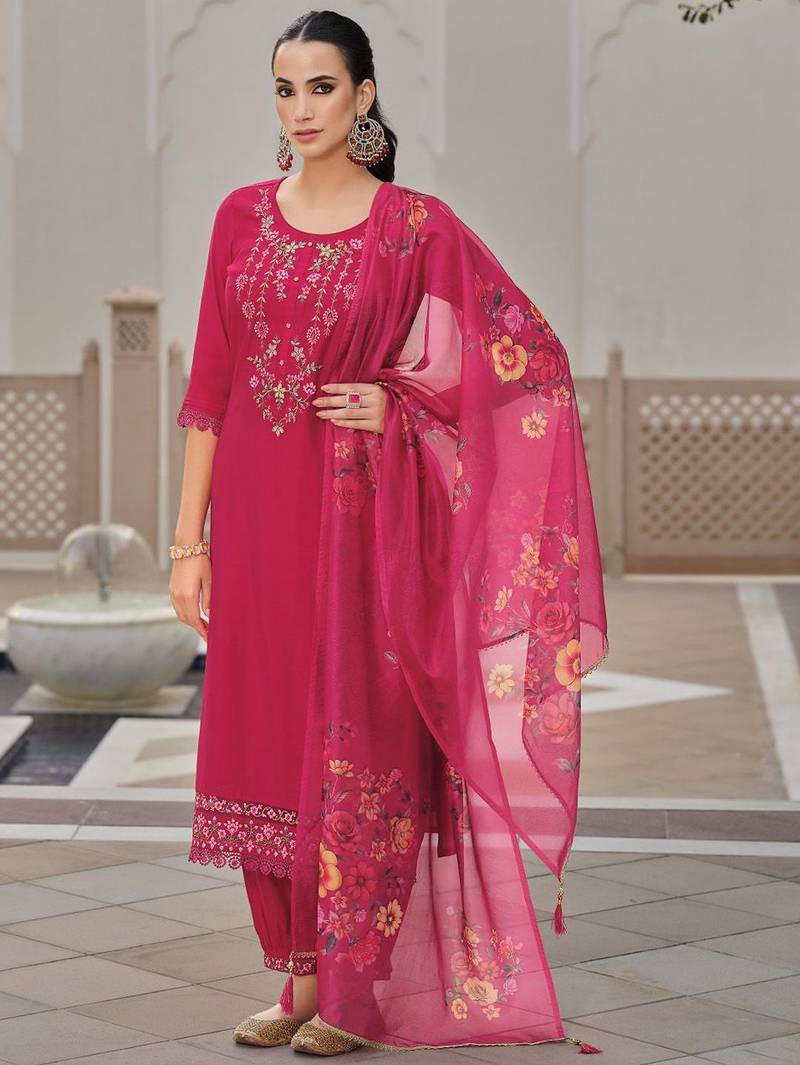 Floral Embroidered Thread Work Straight Kurta With Trousers And Dupatta