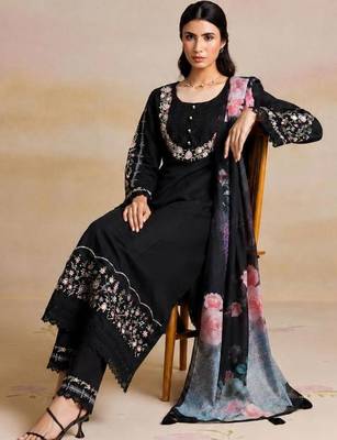 Floral Embroidered Thread Work Pure Cotton Straight Kurta With Trouser And Dupatta 1