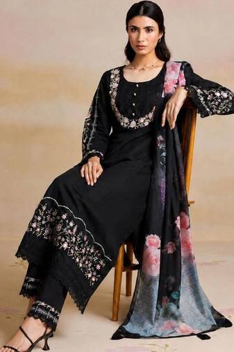 Floral Embroidered Thread Work Pure Cotton Straight Kurta With Trouser And Dupatta