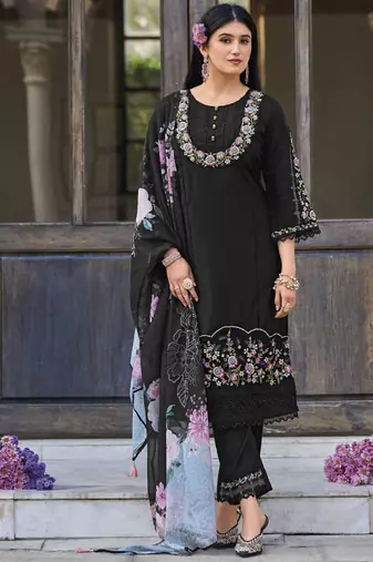 Floral Embroidered Thread Work Pure Cotton Straight Kurta With Trouser And Dupatta