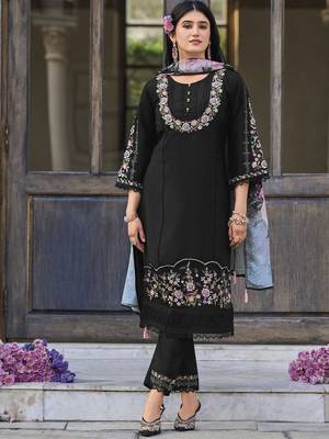 Floral Embroidered Thread Work Pure Cotton Straight Kurta With Trouser And Dupatta 5