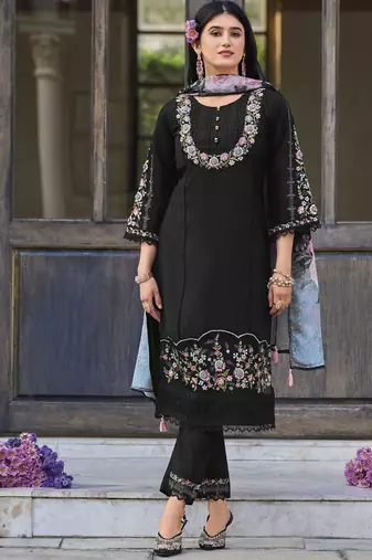 Floral Embroidered Thread Work Pure Cotton Straight Kurta With Trouser And Dupatta