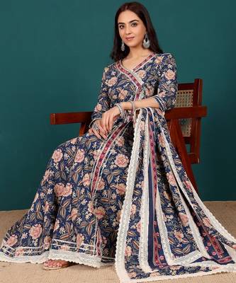 Women Ethnic Motifs Printed Regular Thread Work Pure Cotton Kurta with Trousers & With Dupatta 1