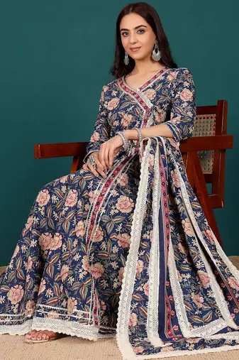 Women Ethnic Motifs Printed Regular Thread Work Pure Cotton Kurta with Trousers & With Dupatta