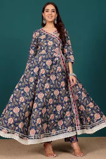 Women Ethnic Motifs Printed Regular Thread Work Pure Cotton Kurta with Trousers & With Dupatta