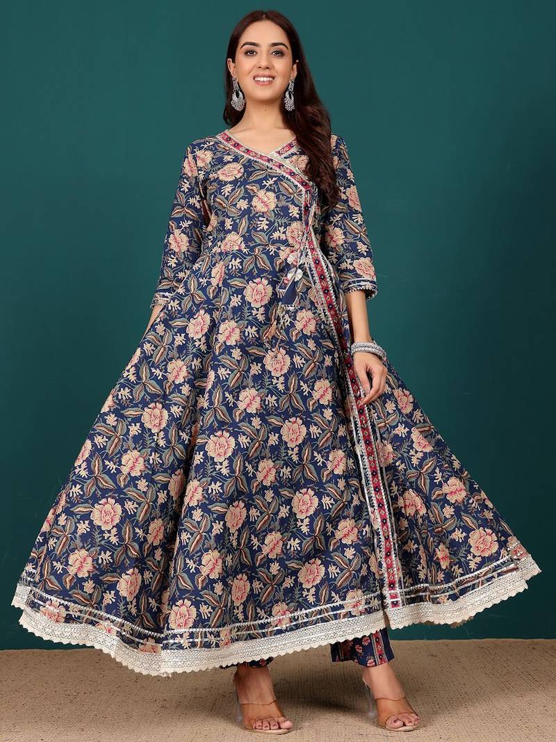 Women Ethnic Motifs Printed Regular Thread Work Pure Cotton Kurta with Trousers & With Dupatta