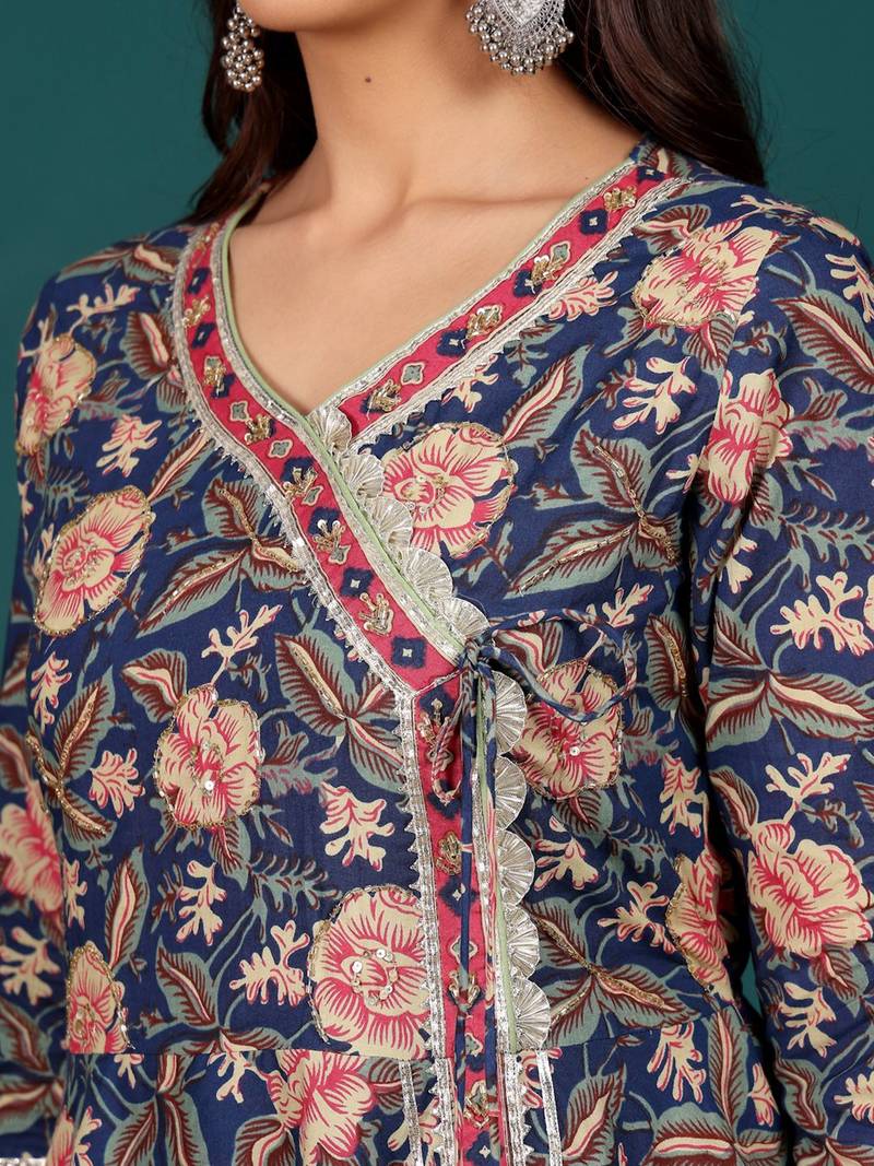 Women Ethnic Motifs Printed Regular Thread Work Pure Cotton Kurta with Trousers & With Dupatta