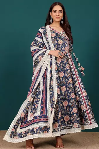 Women Ethnic Motifs Printed Regular Thread Work Pure Cotton Kurta with Trousers & With Dupatta