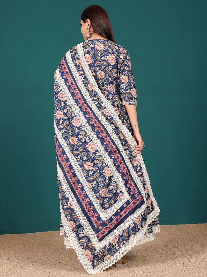 Women Ethnic Motifs Printed Regular Thread Work Pure Cotton Kurta with Trousers & With Dupatta