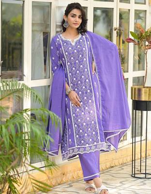 Floral Embroidered Notch Neck Pure Cotton Kurta With Trousers & Dupatta 1