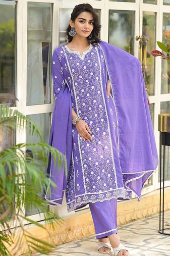 Floral Embroidered Notch Neck Pure Cotton Kurta With Trousers & Dupatta