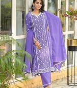 Floral Embroidered Notch Neck Pure Cotton Kurta With Trousers & Dupatta