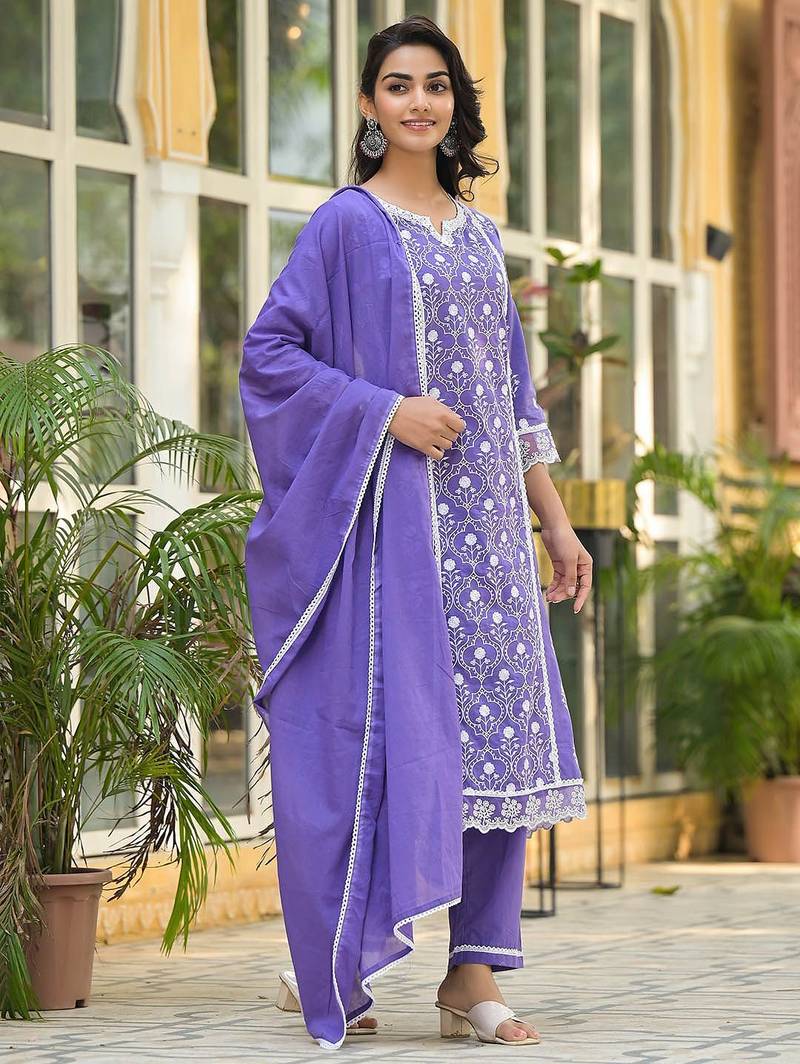 Floral Embroidered Notch Neck Pure Cotton Kurta With Trousers & Dupatta