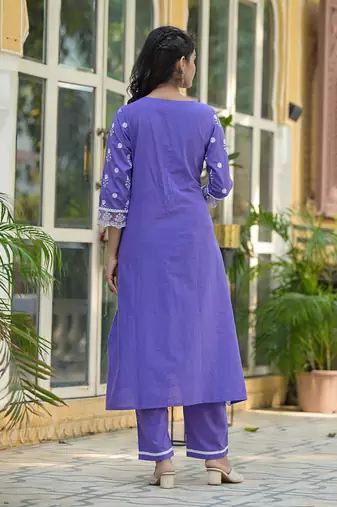 Floral Embroidered Notch Neck Pure Cotton Kurta With Trousers & Dupatta