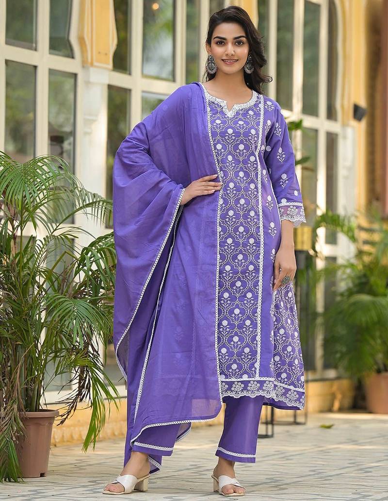 Floral Embroidered Notch Neck Pure Cotton Kurta With Trousers & Dupatta