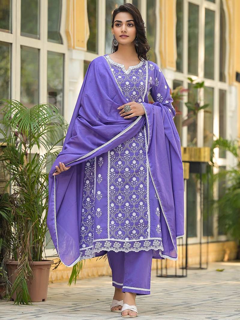 Floral Embroidered Notch Neck Pure Cotton Kurta With Trousers & Dupatta