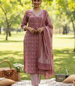Ethnic Motifs Printed V-Neck Straight Kurta With Trousers & Dupatta