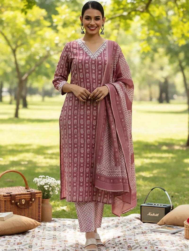 Ethnic Motifs Printed V-Neck Straight Kurta With Trousers & Dupatta