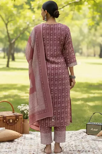 Ethnic Motifs Printed V-Neck Straight Kurta With Trousers & Dupatta