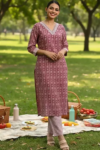 Ethnic Motifs Printed V-Neck Straight Kurta With Trousers & Dupatta