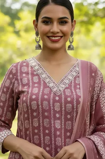 Ethnic Motifs Printed V-Neck Straight Kurta With Trousers & Dupatta