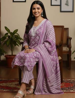 Ethnic Motifs Printed Square Neck Straight Kurta With Trousers & Dupatta 1