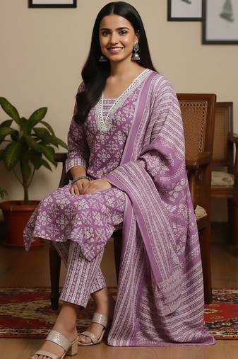 Ethnic Motifs Printed Square Neck Straight Kurta With Trousers & Dupatta