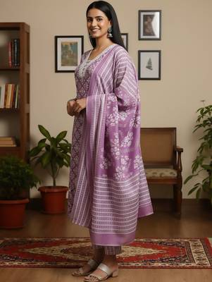 Ethnic Motifs Printed Square Neck Straight Kurta With Trousers & Dupatta 2
