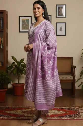 Ethnic Motifs Printed Square Neck Straight Kurta With Trousers & Dupatta
