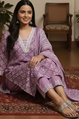 Ethnic Motifs Printed Square Neck Straight Kurta With Trousers & Dupatta