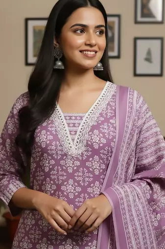 Ethnic Motifs Printed Square Neck Straight Kurta With Trousers & Dupatta