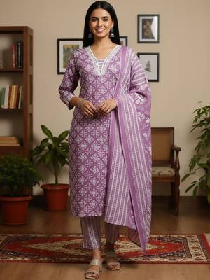 Ethnic Motifs Printed Square Neck Straight Kurta With Trousers & Dupatta 5