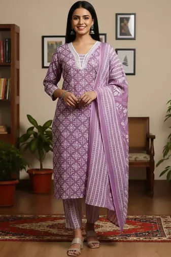Ethnic Motifs Printed Square Neck Straight Kurta With Trousers & Dupatta