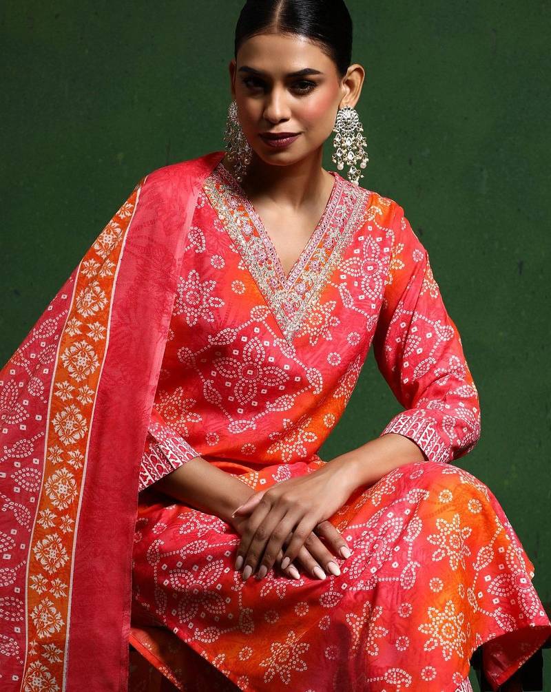 Bandhani Printed V-Neck Kurta With Trouser & Dupatta
