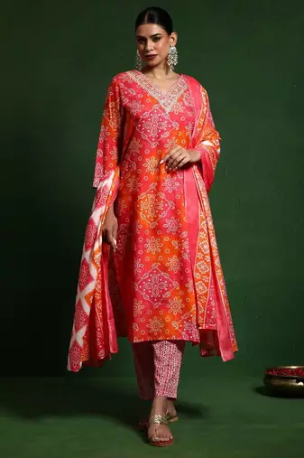 Bandhani Printed V-Neck Kurta With Trouser & Dupatta