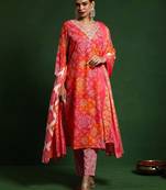Bandhani Printed V-Neck Kurta With Trouser & Dupatta