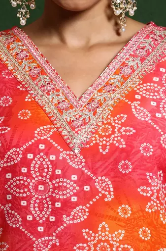 Bandhani Printed V-Neck Kurta With Trouser & Dupatta
