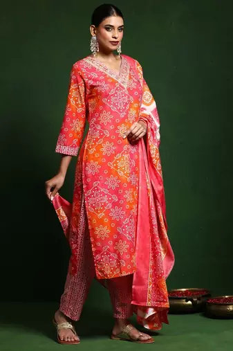 Bandhani Printed V-Neck Kurta With Trouser & Dupatta