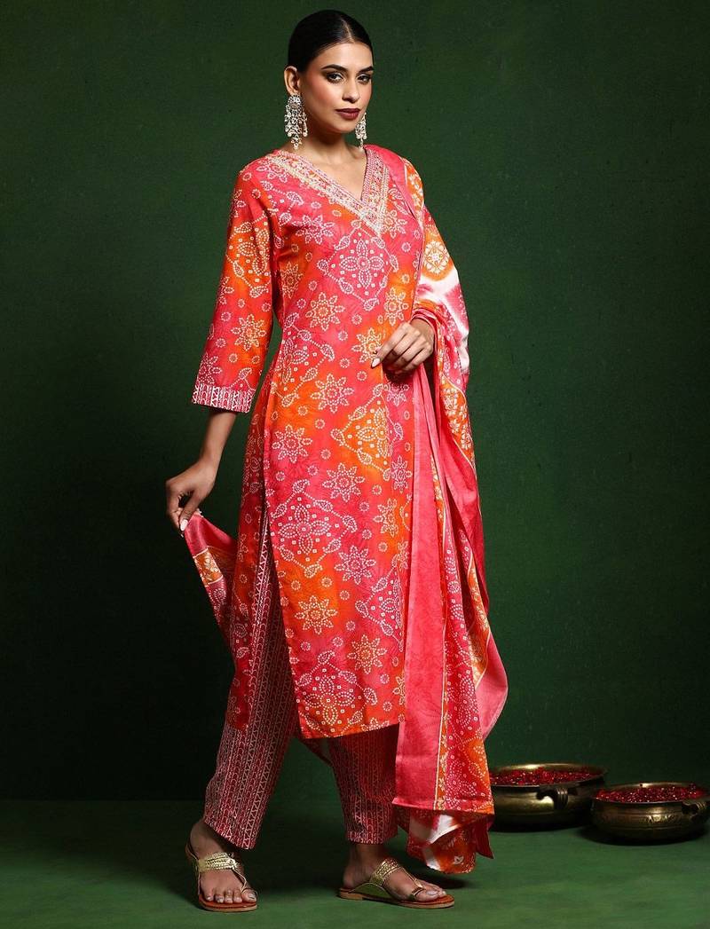 Bandhani Printed V-Neck Kurta With Trouser & Dupatta
