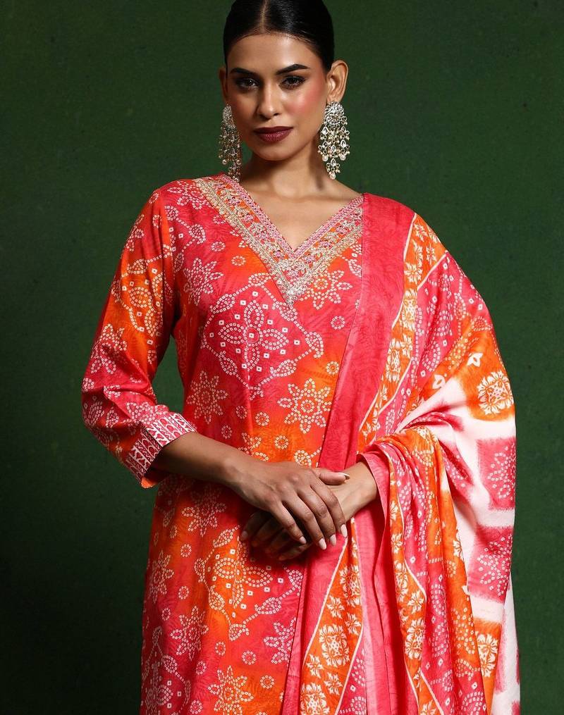 Bandhani Printed V-Neck Kurta With Trouser & Dupatta