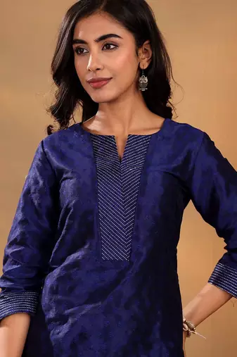 Navy Blue Ethnic Motifs Woven Design Thread Work Kurta With Trouser