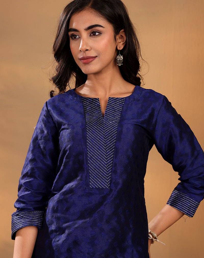 Navy Blue Ethnic Motifs Woven Design Thread Work Kurta With Trouser