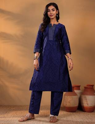 Navy Blue Ethnic Motifs Woven Design Thread Work Kurta With Trouser 1