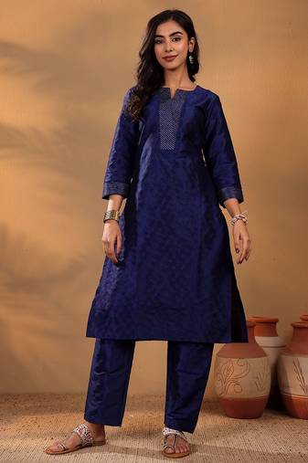 Navy Blue Ethnic Motifs Woven Design Thread Work Kurta With Trouser